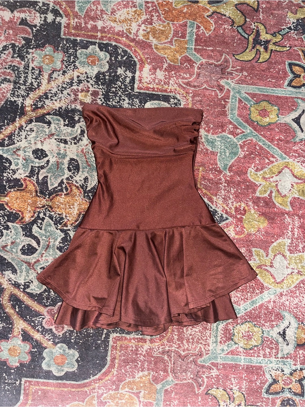 Windsor Strapless Rust Brown Ruffle-Hem Dress romper